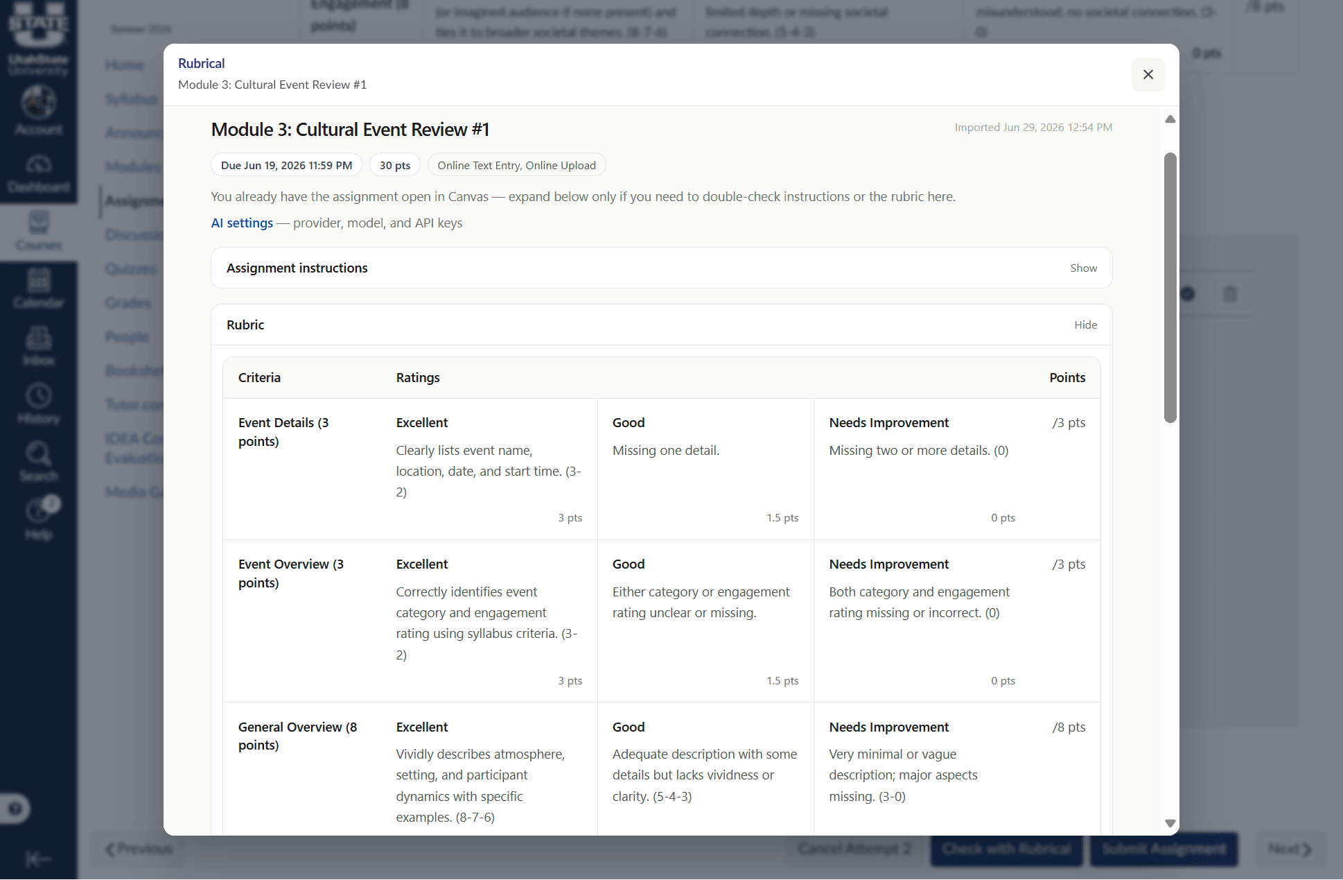 Rubrical rubric coverage in the Canvas panel